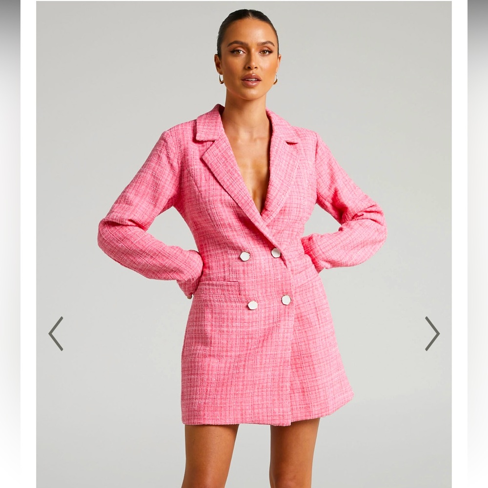 DOUBLE BREASTED BOUCLE TWEED BLAZER DRESS IN HOT PINK